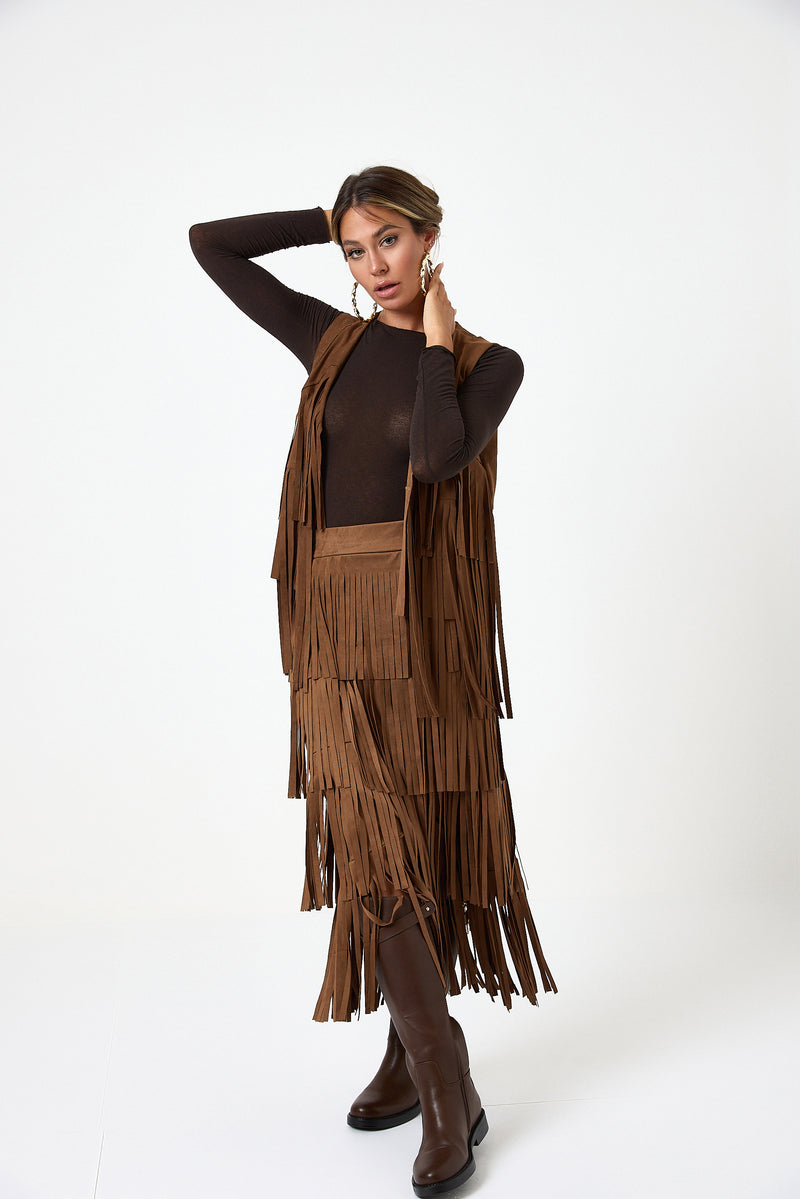 Gonna camel in ecosuede con frange FEDERICA BI