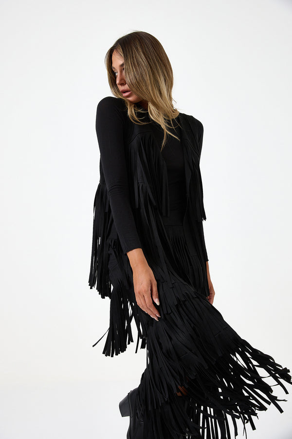 Gilet nero in ecosuede con frange FEDERICA BI