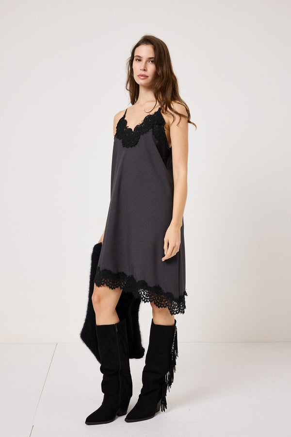 Abito in tela antracite e pizzo nero FEDERICA BI