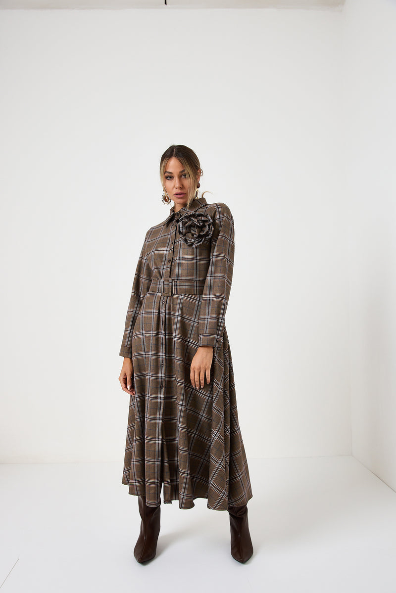Abito tartan spilla fiore FEDERICA BI