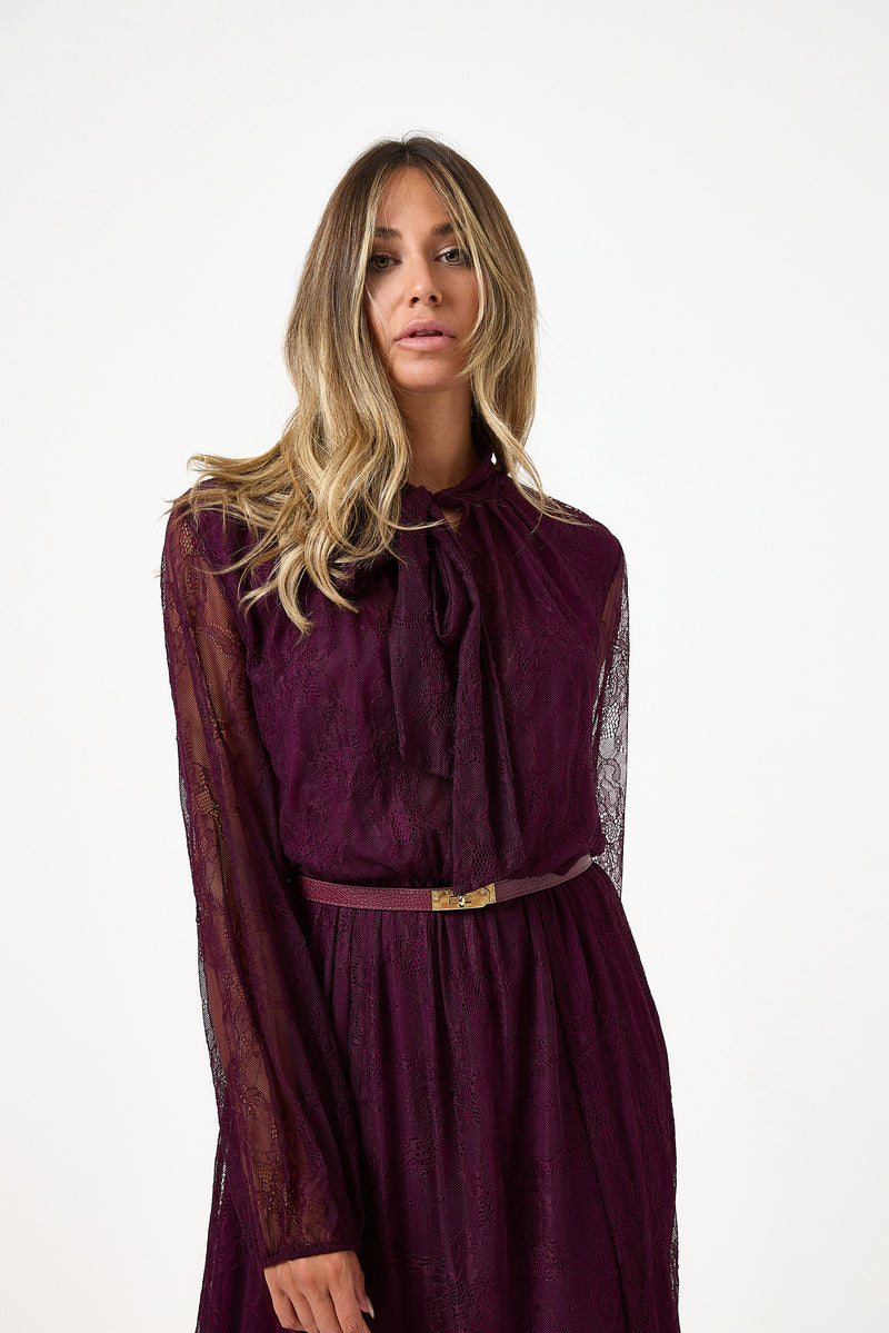 Abito lungo in pizzo bordeaux FEDERICA BI