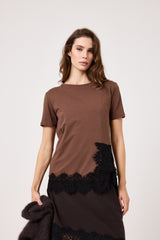 Maglia marrone in cotone e pizzo FEDERICA BI