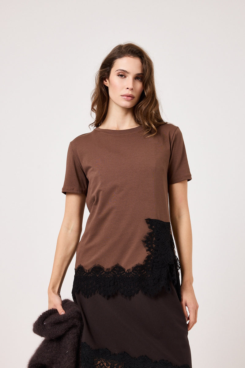 Maglia marrone in cotone e pizzo FEDERICA BI