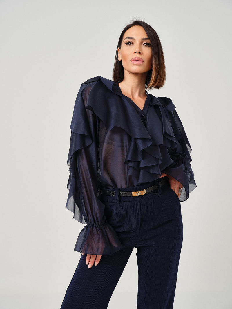 Camicia blu navy volant FEDERICA BI
