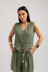 Gilet in lino verde militare FEDERICA BI