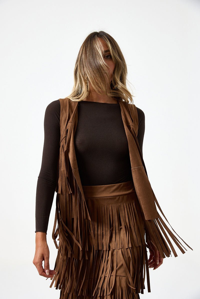 Gilet camel con frange FEDERICA BI